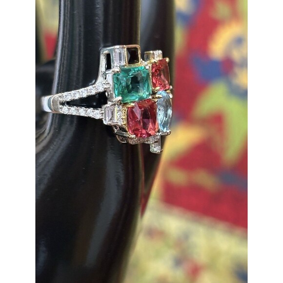 Silver Tone Multicolor Cubic Zirconia Faux Black Onyx Ring Size 8.25 Costume - Picture 4 of 10